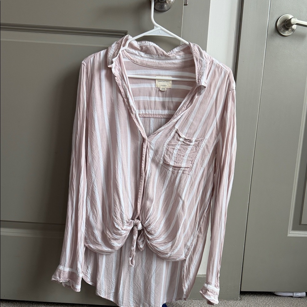 American Eagle Outfitters Light Pink & White Striped Tie-Front Button Down